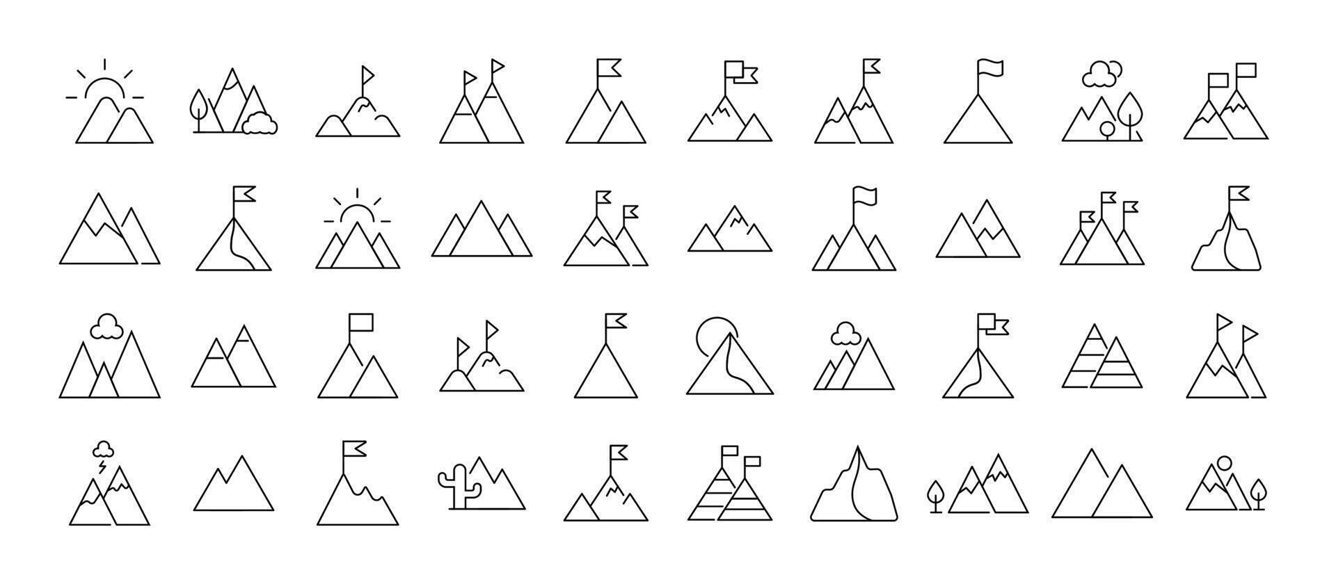 Collection of Line Signs of mountains as symbol of travel and hiking. Suitable for books, stores, shops. Editable stroke in minimalistic outline style. Symbol for design vector