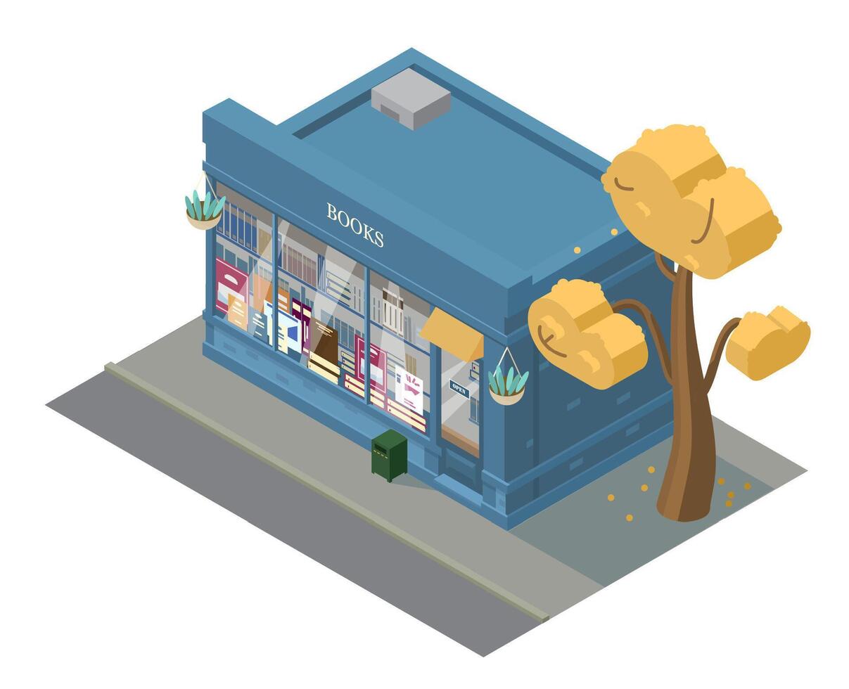 Isometric Book Shop Building. Showcase With Books. vector