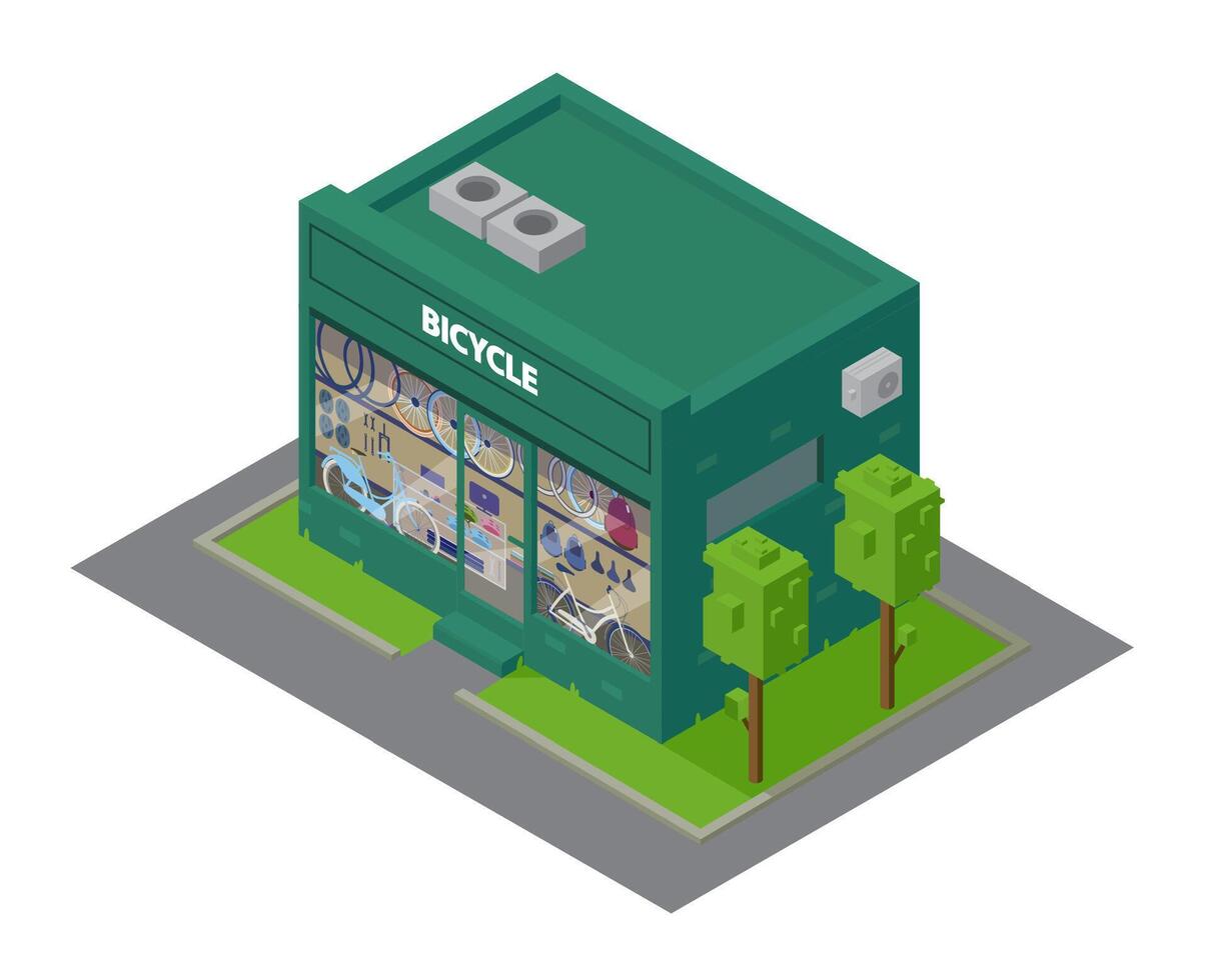 Isometric Bicycle Shop Building With Showcase With Bicycles And Sport Accessories. vector