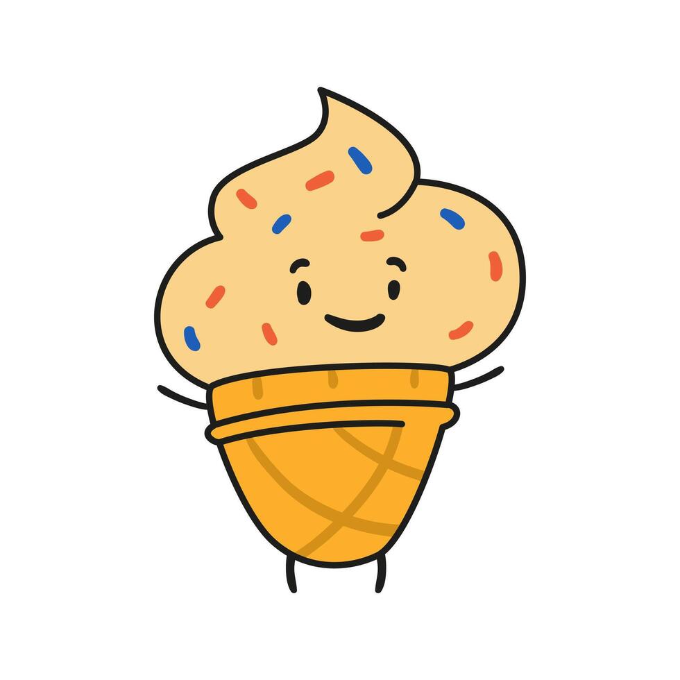 Funny ice cream cone doodle kawaii character illustration isolated on white. vector