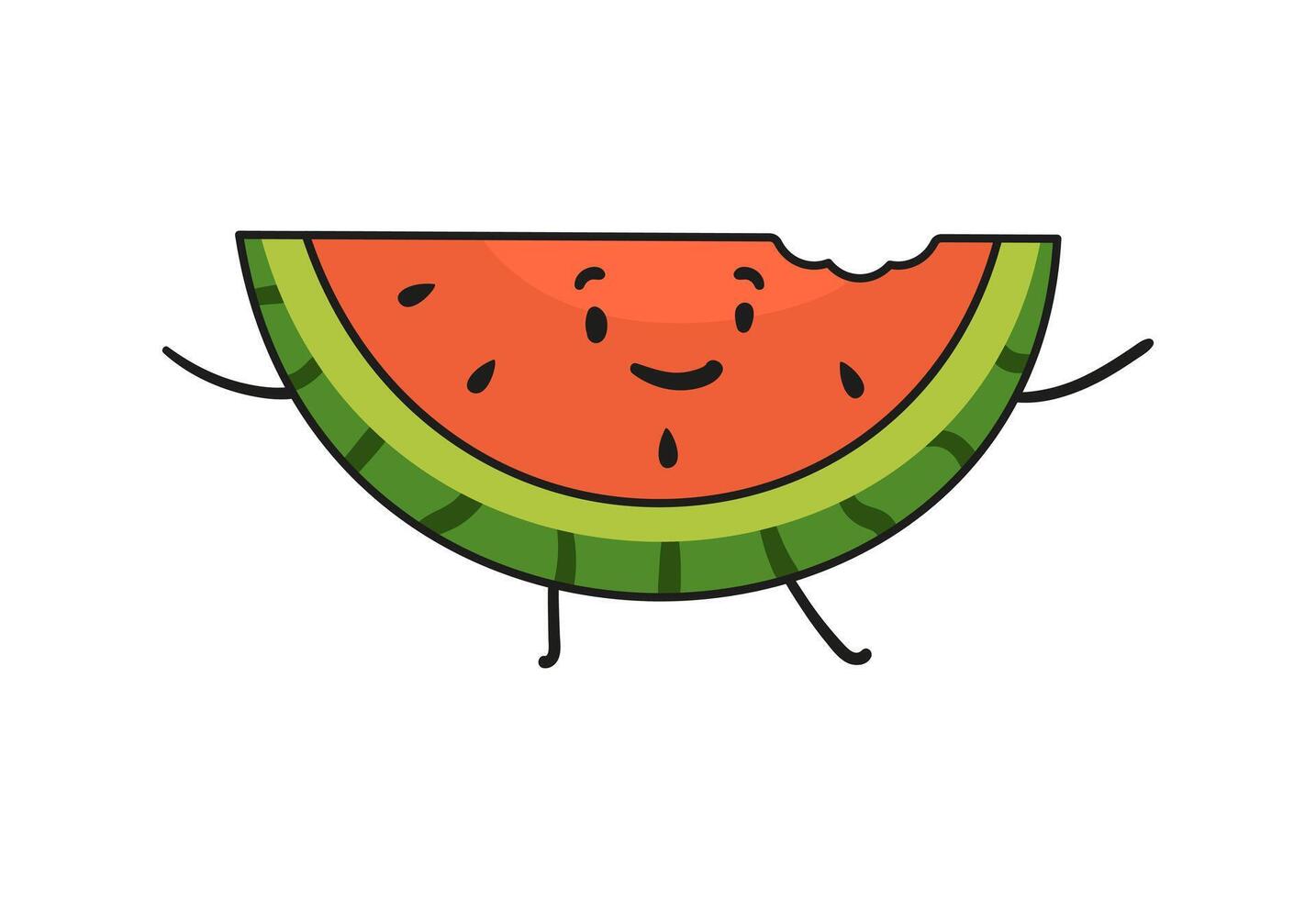 Funny watermelon slice doodle kawaii character illustration with outline isolated on white. vector
