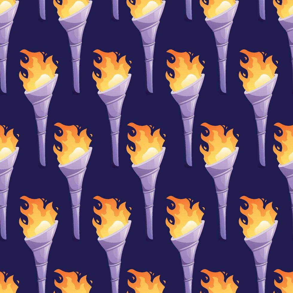 Ancient metal silver Medieval torch with burning fire. Cartoon element for pc game, flaming torchlight or lighting flambeau. seamless cartoon pattern. vector