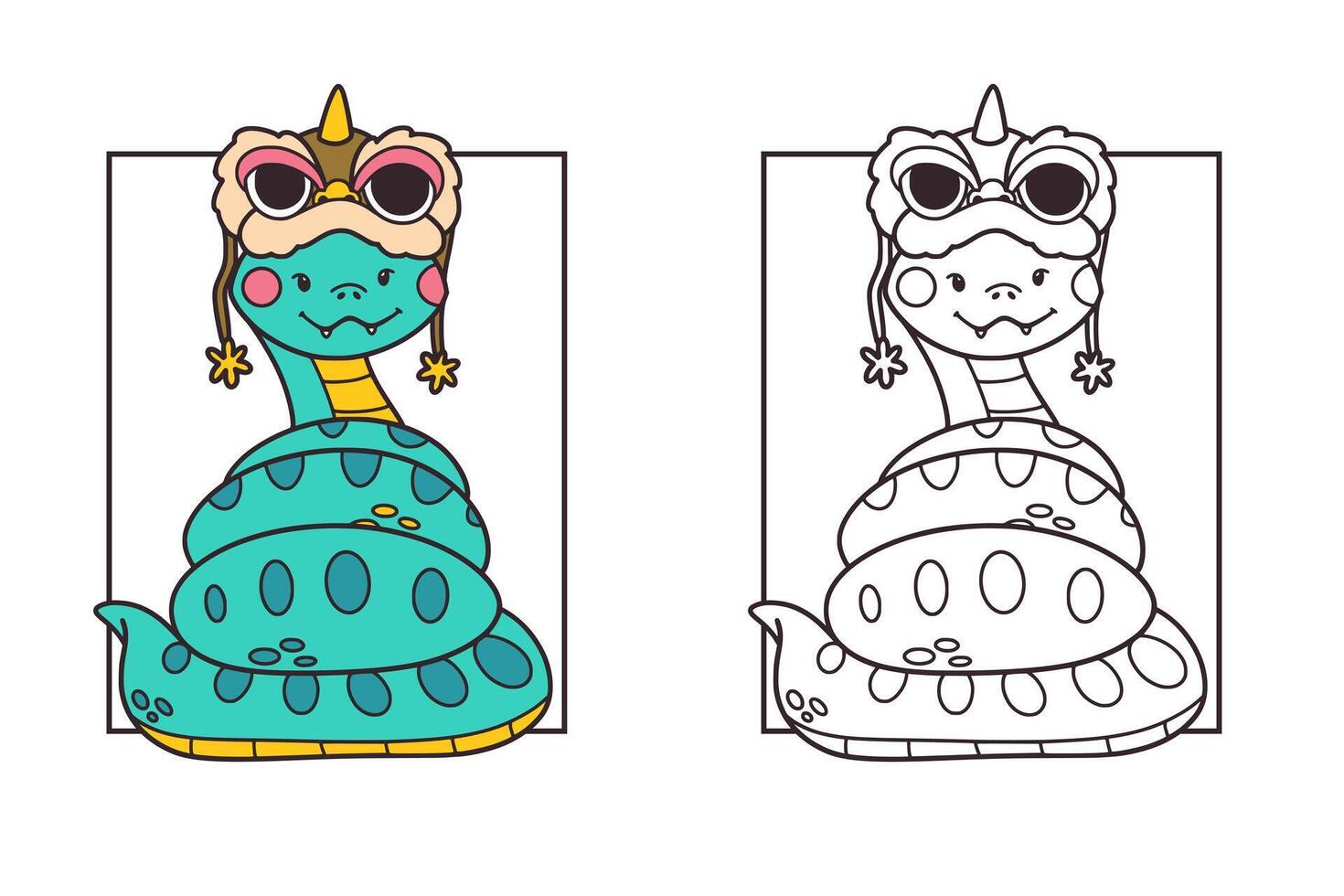 Cute friendly Chinese new year snake colouring page for kids, simple thick lines for preschool and kindergarten, coloured version included, illustration vector