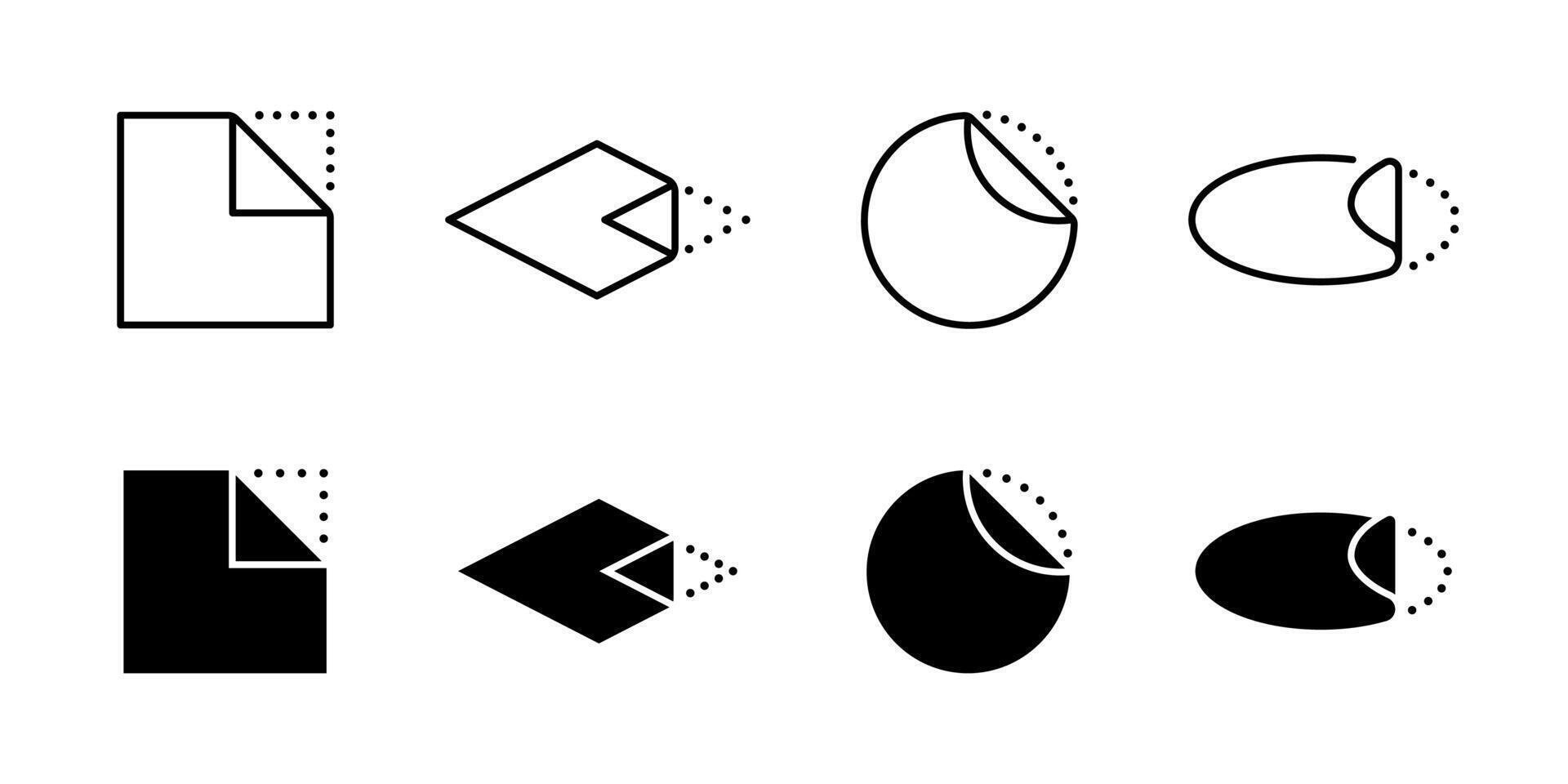 Peel off sticker icon set. Open here symbol. Adhesive paper illustration. Sticky tape blank sign collection. Pull off corner dotted edge pictogram. Peel off sticker label or instruction. vector