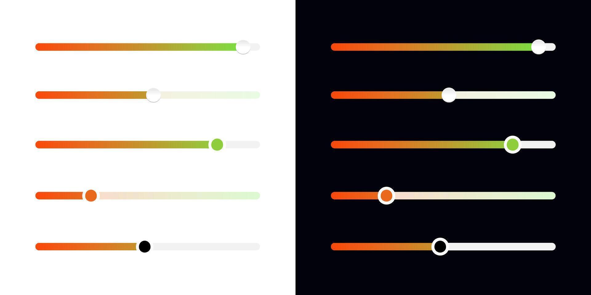Gradient slider control bar set on white and black background. Power level adjusting controller illustration. Web and App interface multimedia settings panel. Power level template. vector