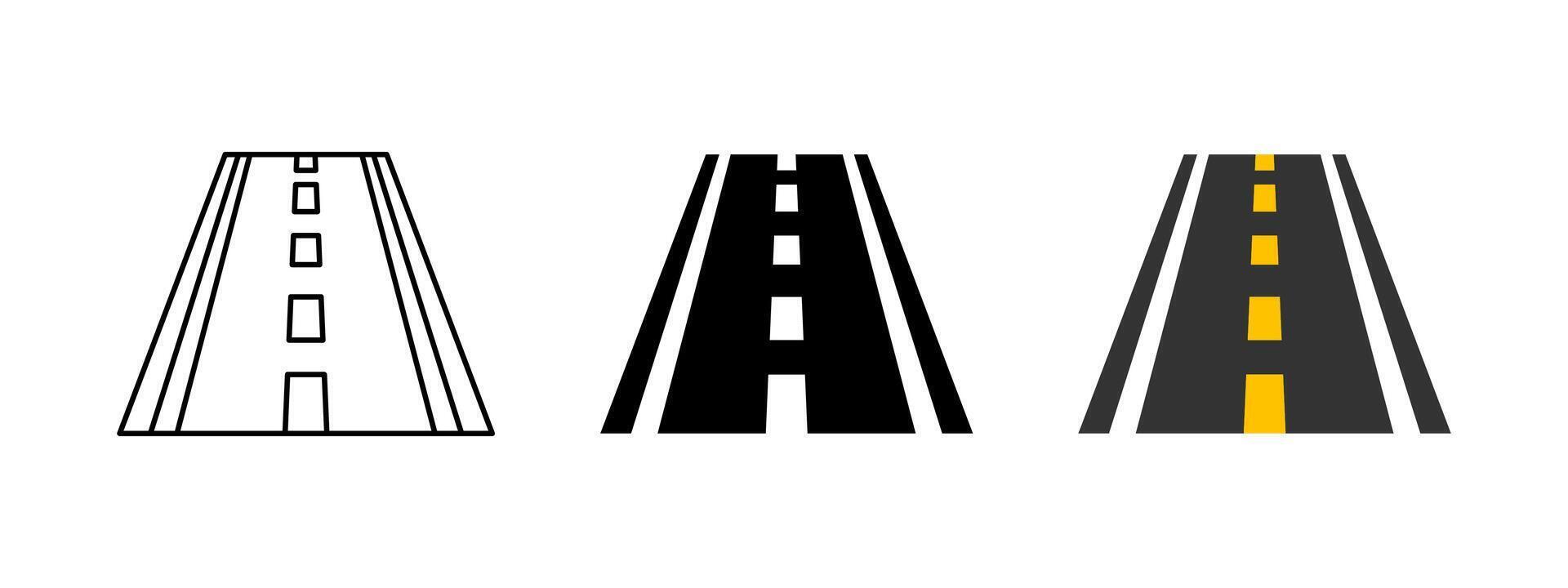 Dashed road line marking icon. Straight road symbol. Yellow one line broken traffic marking illustration. Highway traffic sign. Roadway pictogram. Black avenue street concept. vector