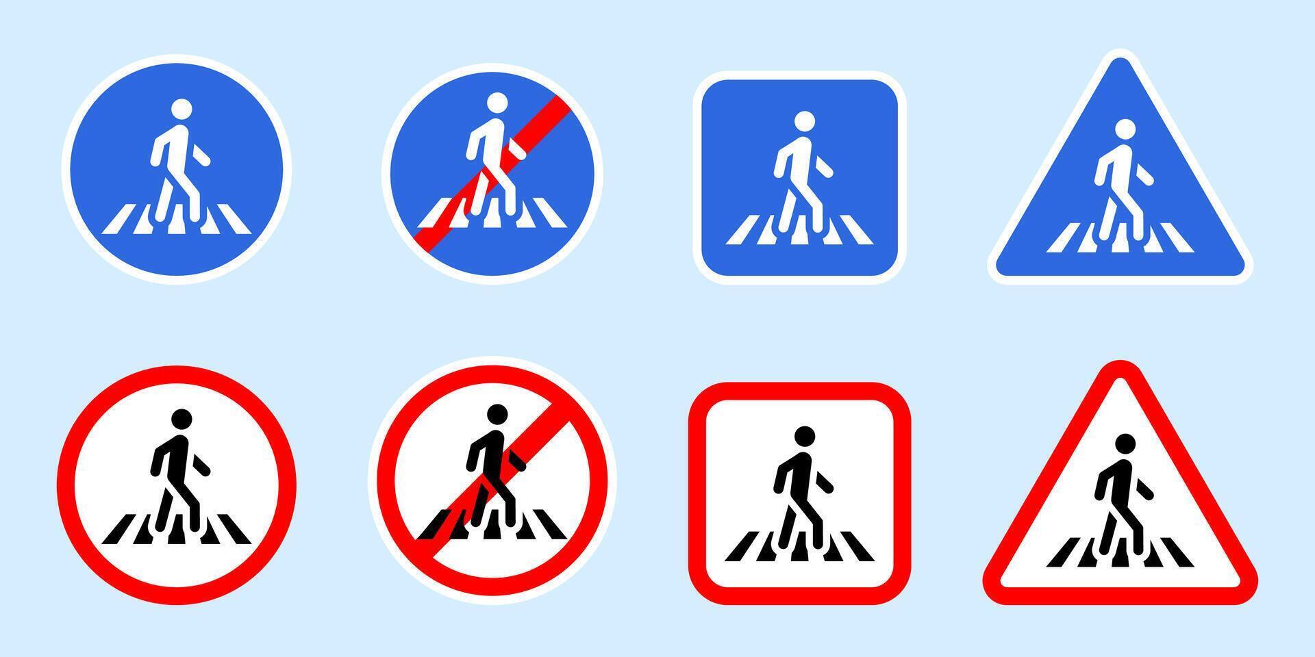 Crosswalk sign. Pedestrian roadsign icon set. Crossing the road illustration. Zebra symbol. Traffic road warning banners collection. vector