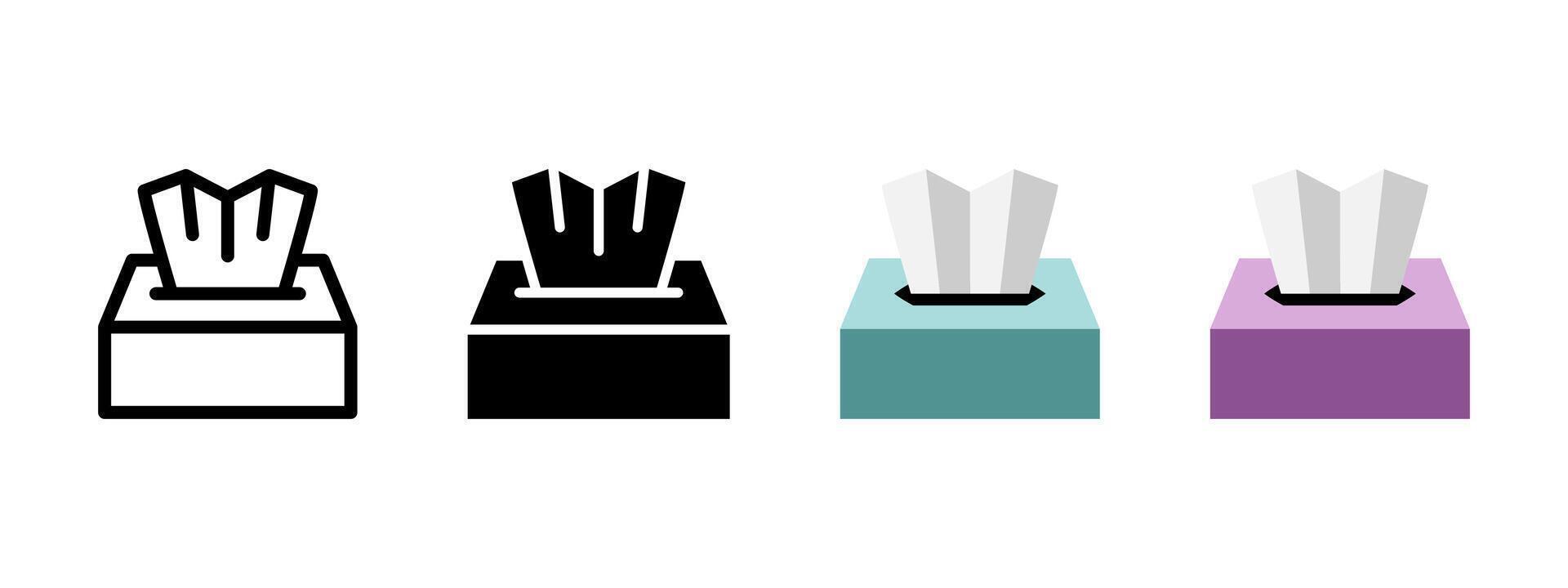Tissue box icon set. Toilet paper symbol. Wet napkin illustration. Clean bathroom sign. Wipe towel pictogram. Disposable handkerchief concept. vector