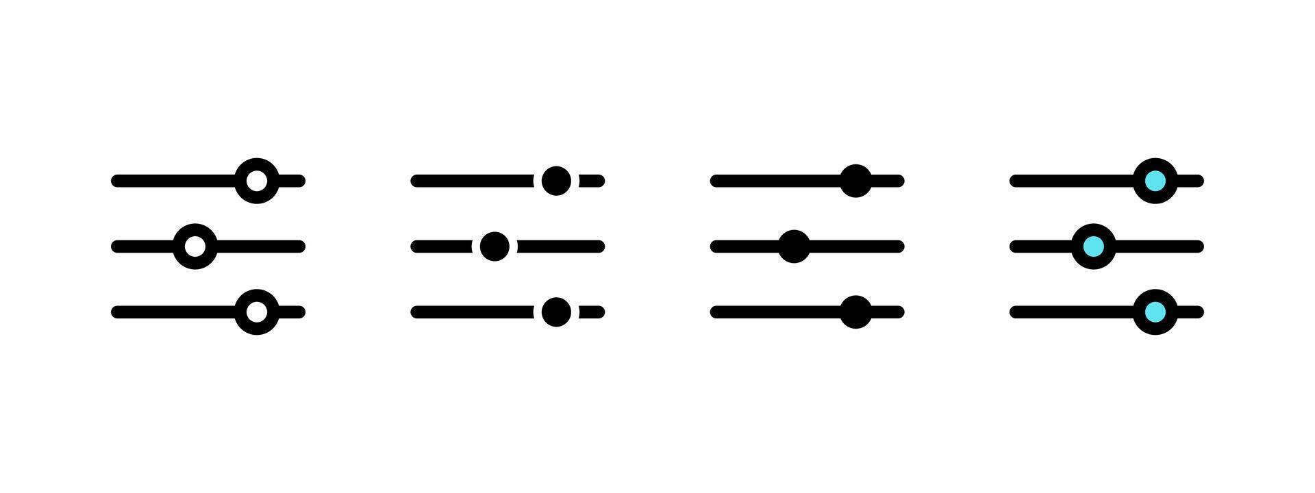 Settings button icon. Volume level slider symbol. Adjustment button for web and app media interface illustration. Control panel sign. Equalizer pictogram. Settings controller concept. vector