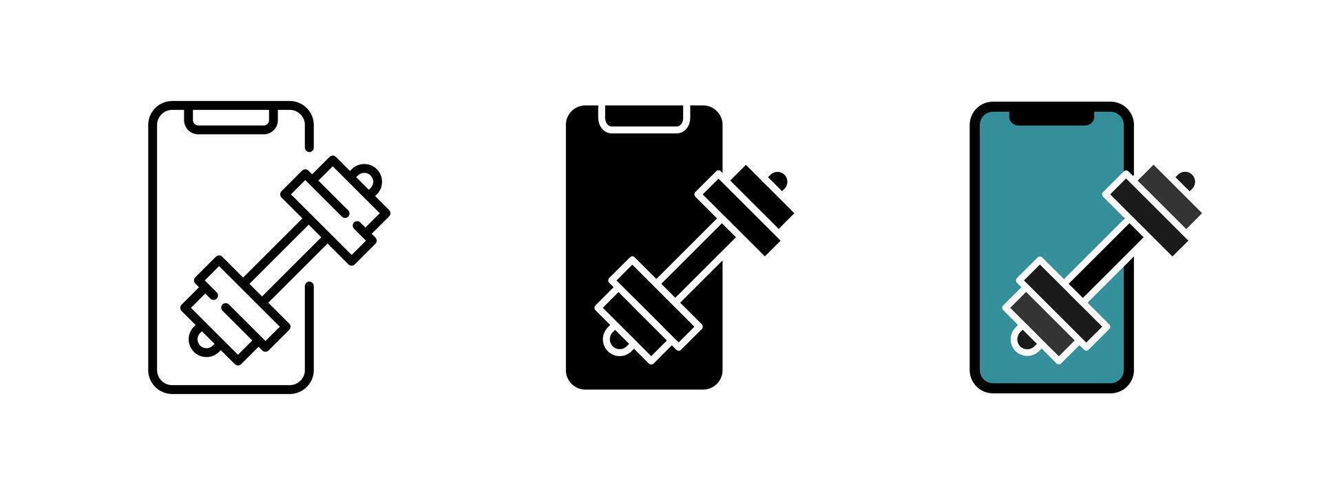 Smartphone fitness training application icon. Mobile phone gym app illustration. Sport progress tracking web interface symbol. Dumbbell or barbell exercise sign. Fitness app pictogram. vector
