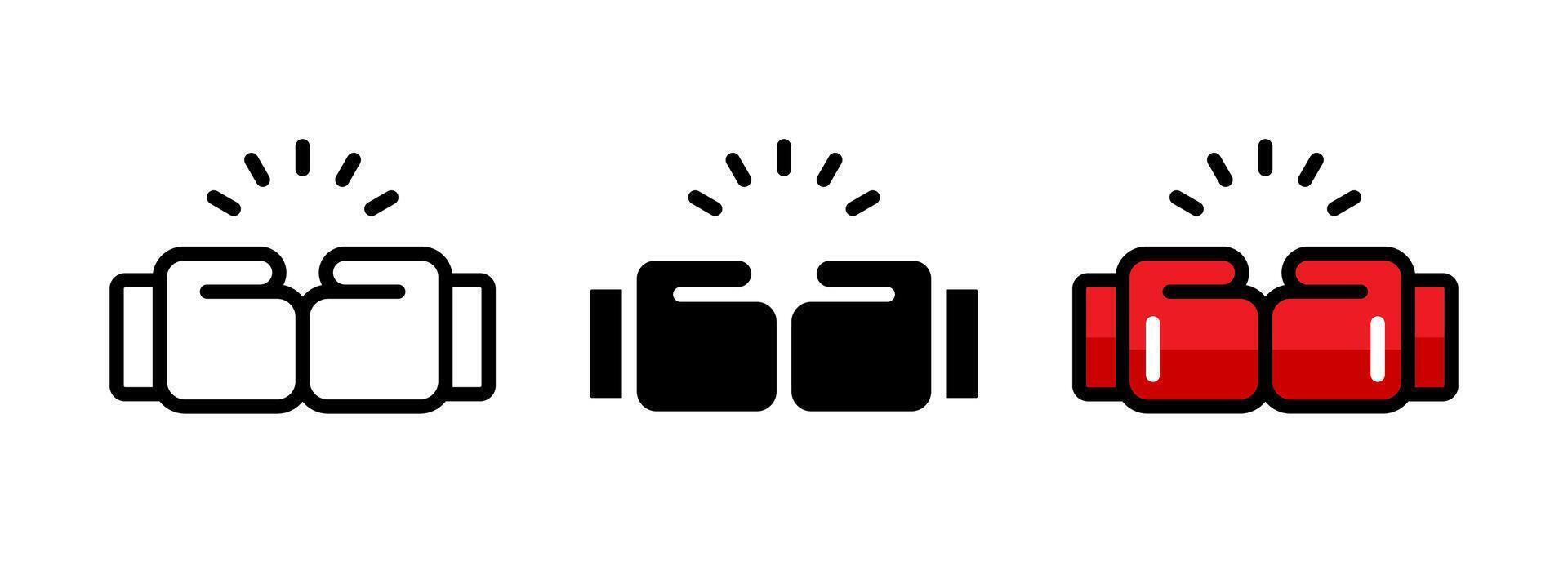 Boxing glows icon. Boxing greeting for athletes symbol. Punch, strike or hit concept. Fighting competition illustration. Martial arts sign. Crushing two boxing gloves against each other. vector