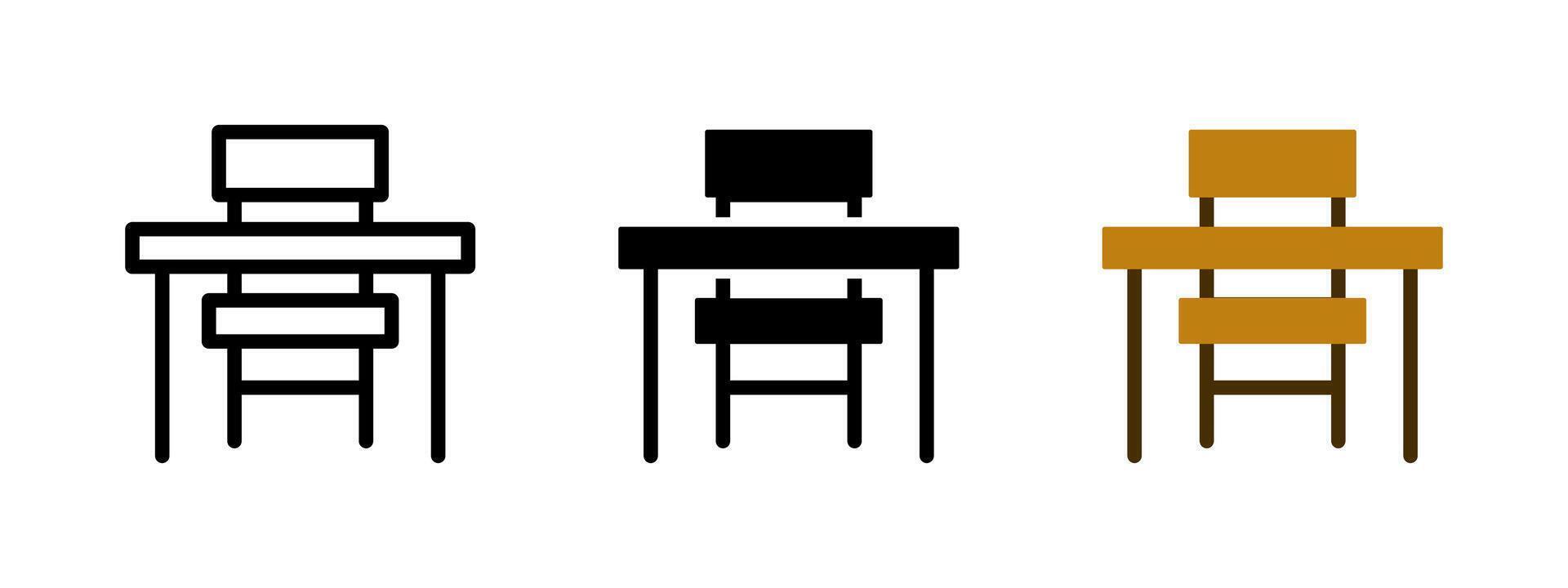 School desk icon. Table and chair symbol. Wooden classroom furniture illustration. Student workspace sign. School classroom seat. Education and learning university concept. vector