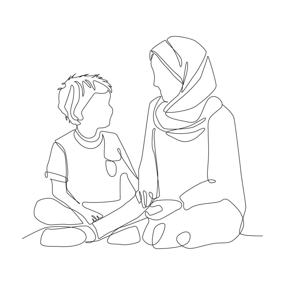 continuous single drawn one line Muslim woman with children, Line art. vector