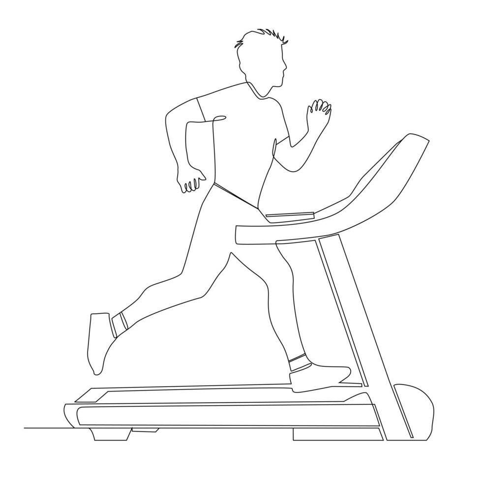 One continuous line drawing of people running on treadmill sport center, Fitness stretching concept. vector