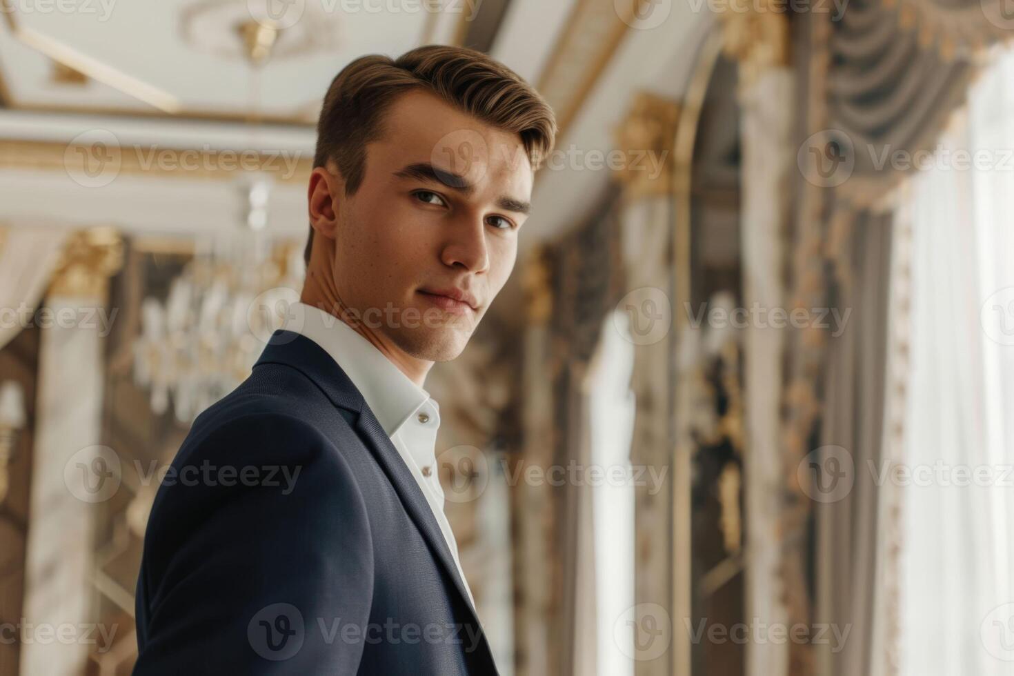 Stylish young man in suit fashion model hair styling. photo