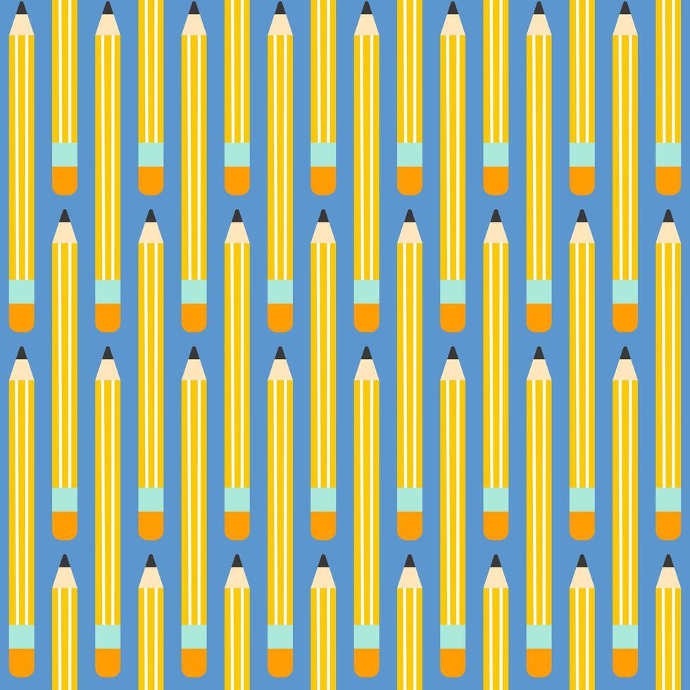 Seamless school pattern with cartoon yellow pencil on blue background in flat style. vector