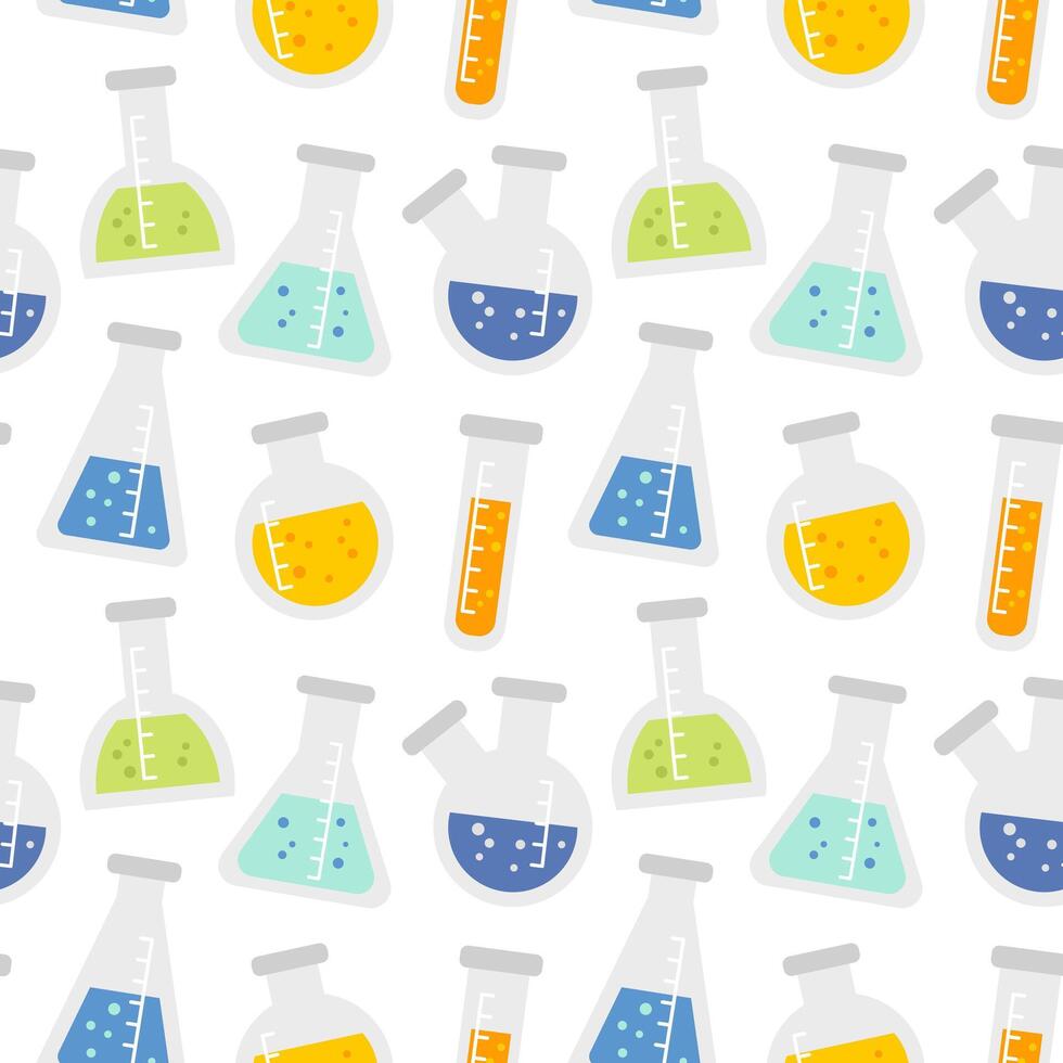 Seamless pattern with cartoon chemical flasks different shapes with colored liquid in flat style. Isolated on white. vector