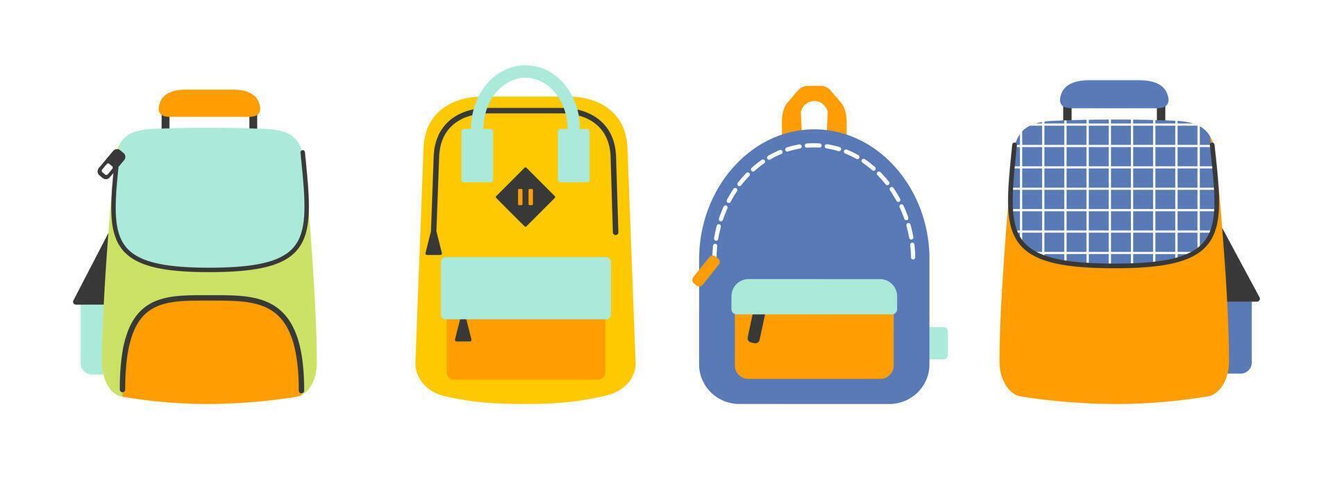 School backpacks set cartoon flat illustrations. Isolated on white. vector