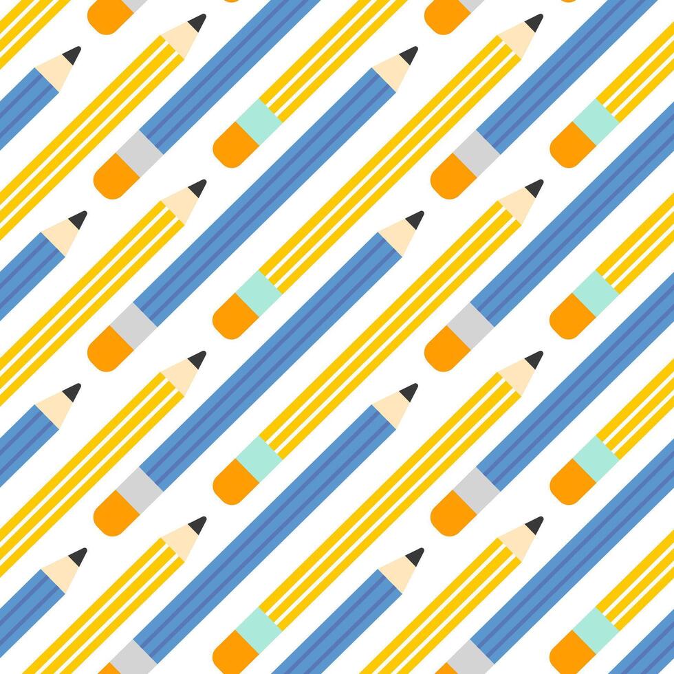 Seamless pattern with cartoon yellow pencil in flat style. School background isolated on white. vector