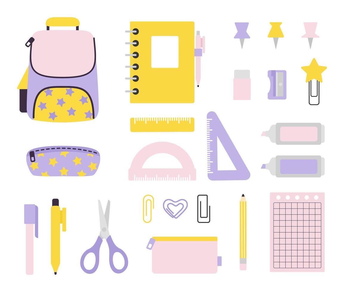 School supplies cute cartoon flat set. Back to school pink collection. Office and art supplies isolated on white background. vector