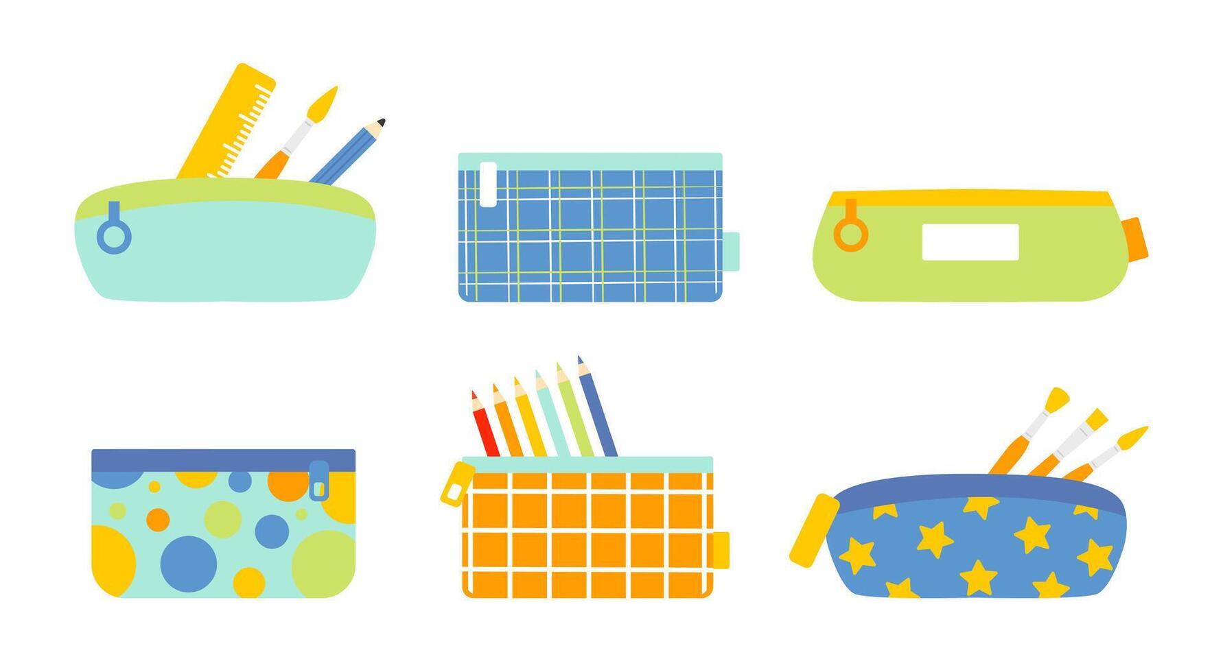 Cute colored school pencil cases set cartoon flat illustrations. Stationery, drawing supplies. Back to school. Isolated on white. vector