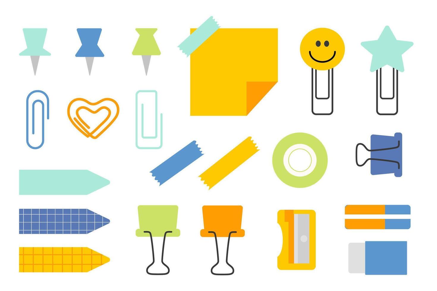 Cute school stationery supplies for studying. Stickers, paper clips, notes, pencil sharpener. Cartoon flat illustration. vector