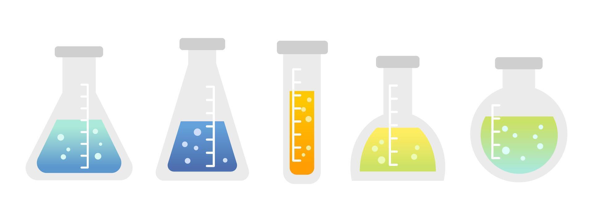 Chemical flasks different shapes with colored liquid set cartoon flat illustration. vector