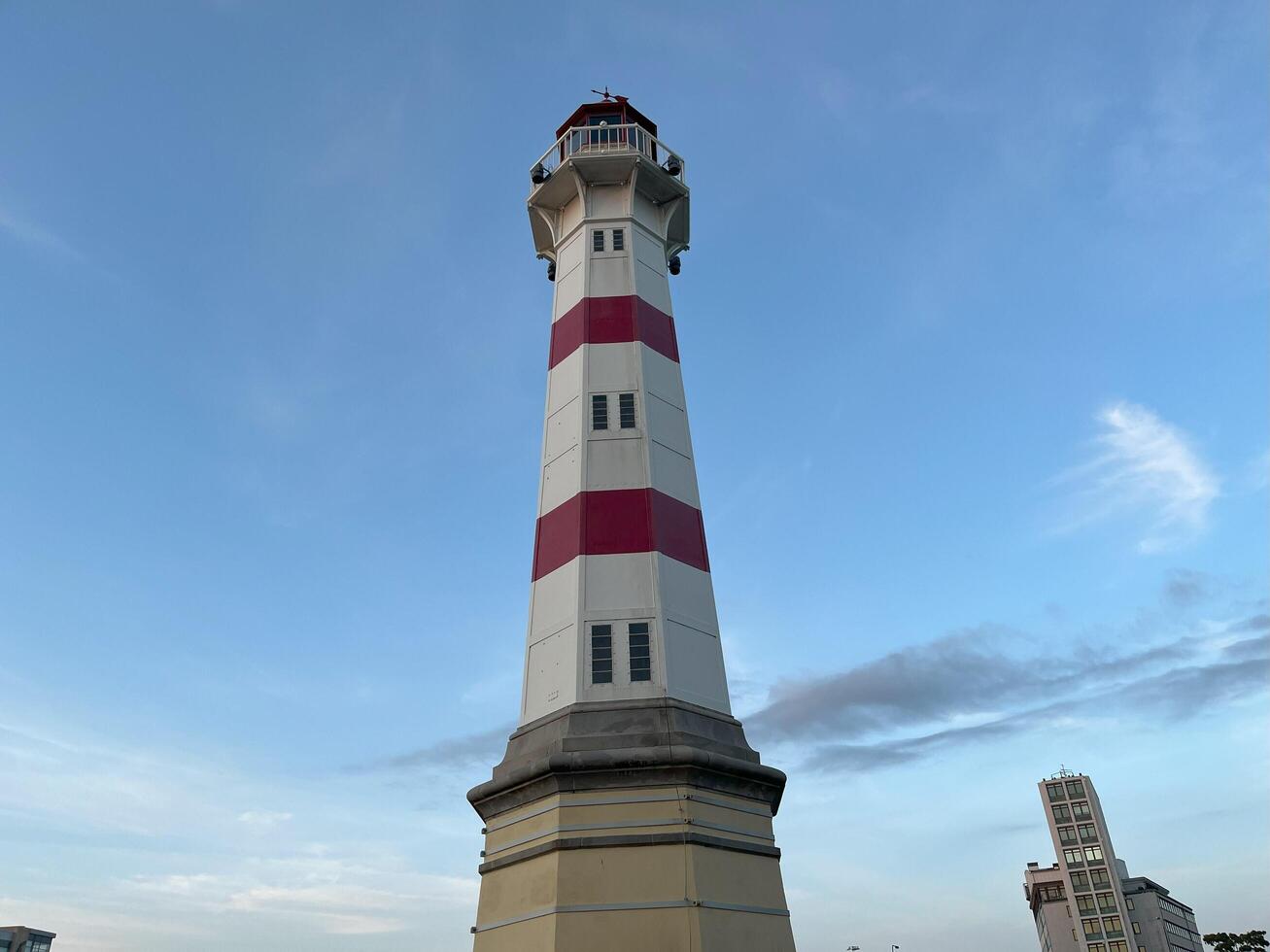 Lighthouse with clear blue sky in evening photo