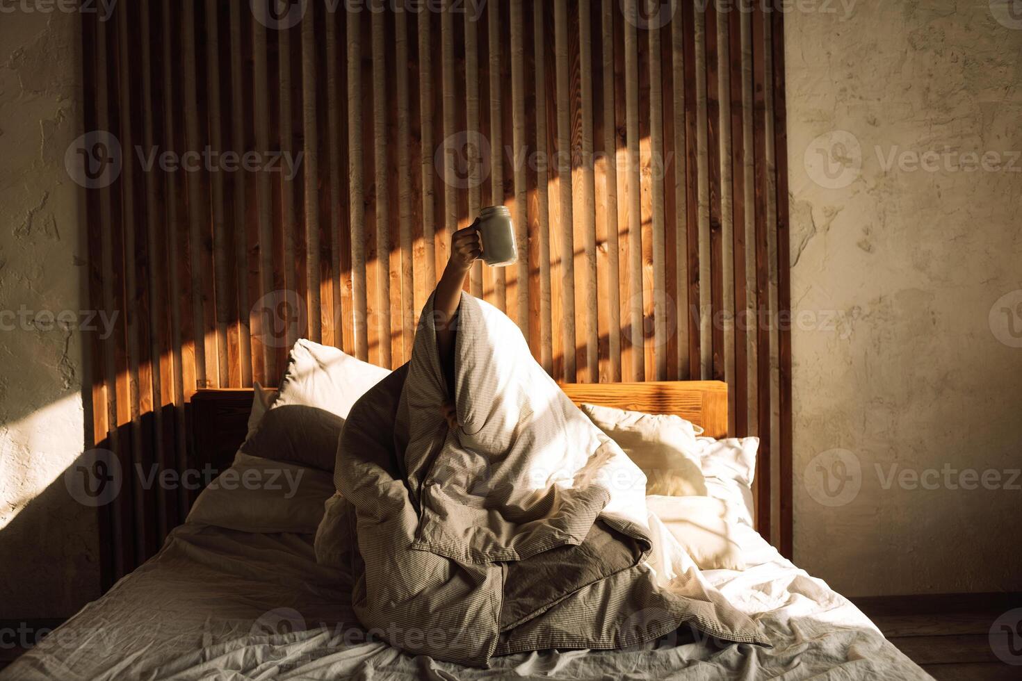 The human is wrapped in a blanket and sitting on the bed with a cup of coffee. A man holds a cup of tea and raises a toast. Good sunny morning. photo