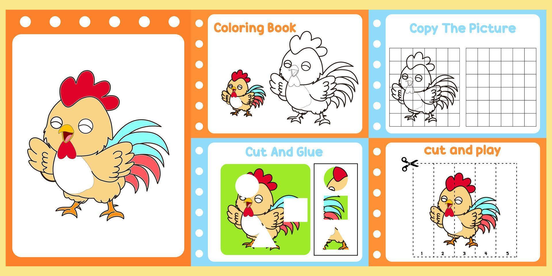 worksheets pack for kids a cute rooster . vector