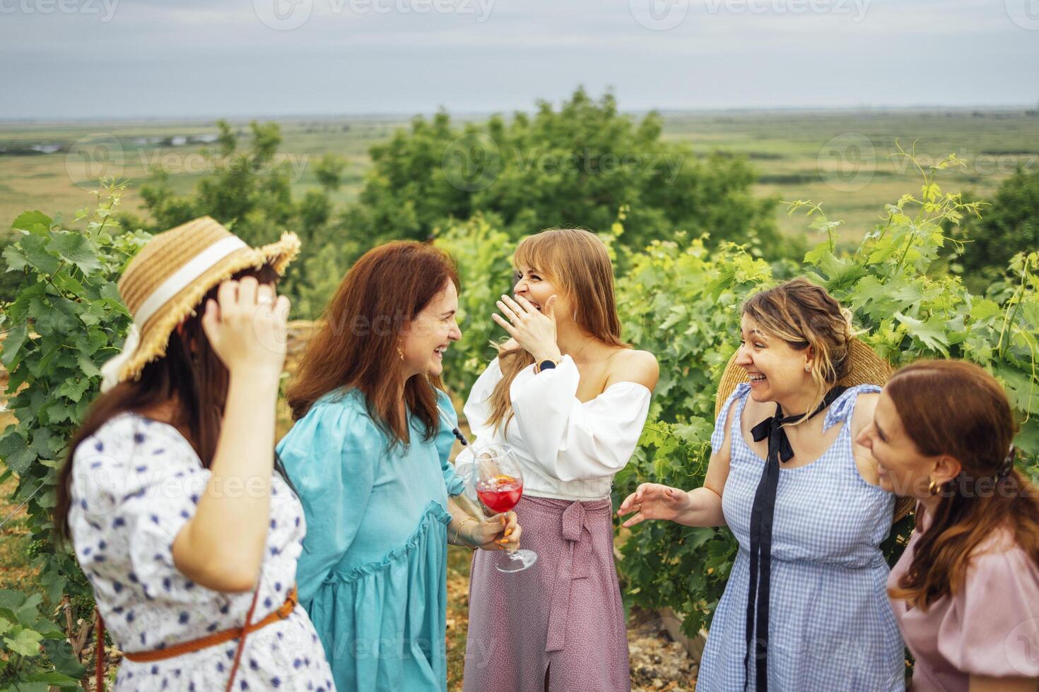 Happy female friends are having fun on the field and drinking wine photo