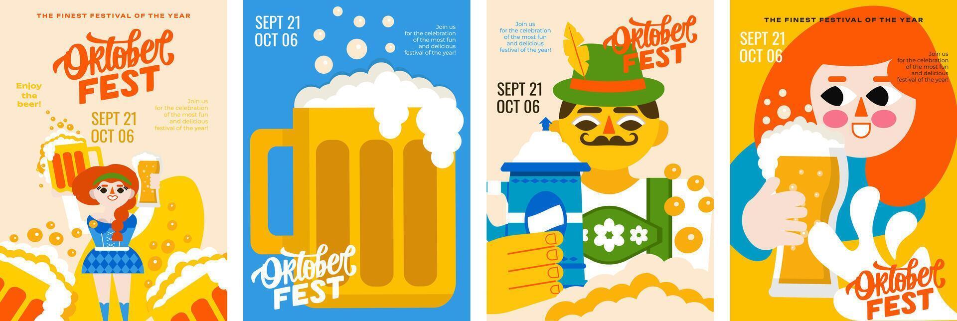 4 minimalist posters for Oktoberfest. National flavor, beer mugs, festive atmosphere and lots of beer. A4 templates are ideal for advertising this event. vector