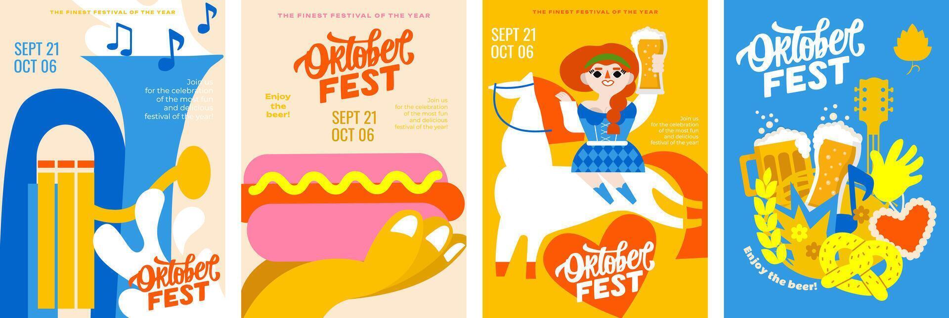 4 minimalist posters for Oktoberfest. National flavor, beer mugs, food, festive atmosphere and lots of beer. A4 templates are ideal for advertising this event. vector