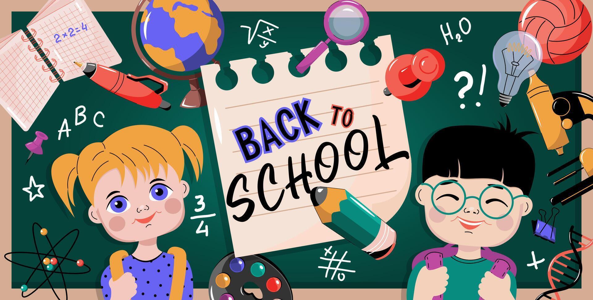 Back to school banner. Concept of primary and secondary education. Children with backpacks on the background of the school board. vector