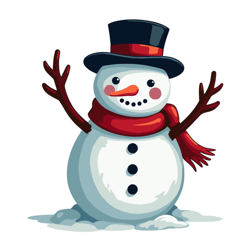 A snowman in a hat and scarf is standing in the snow. vector