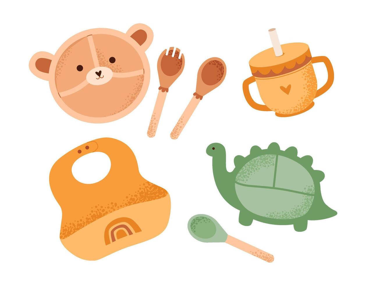 Flat illustration of a colorful baby tableware set. Plate, spoon and sippy cup for kids mealtime and toddler-friendly dishes vector