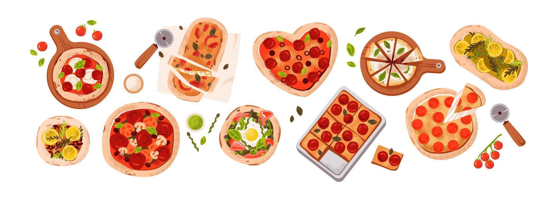 Pizza types set. Italian fast food pizza with different toppings. Flat illustration of a delicious pizza slice with pepperoni, mushrooms, and mozzarella vector