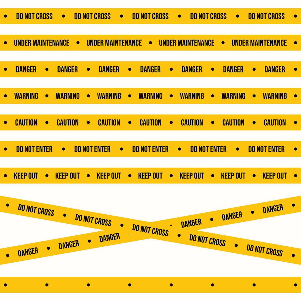 Crime scene and police warning tape with black and yellow colors. Road construction signs with different caution texts. Industrial safety and maintenance tape collection on a white background. vector