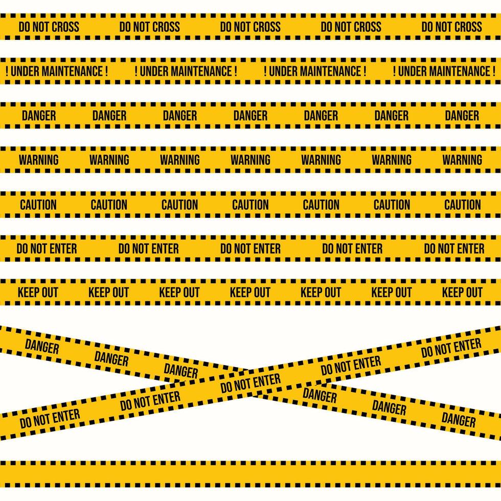 Road construction signs with different caution texts. Industrial safety and maintenance tape collection with black and yellow colors. Crime scene and police warning tape on a white background. vector