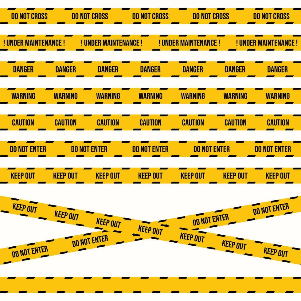 Safety tape design with black and yellow colors. Under maintenance seamless tape for a construction site. Police or industrial safety tape collection with police warning sign and blank space. vector
