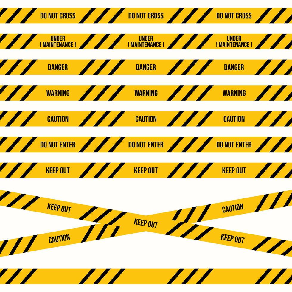 Construction site safety tape and restriction sign design with yellow and black colors. Crime scene and investigation site seamless tape. Warning and danger sign for maintenance areas. vector