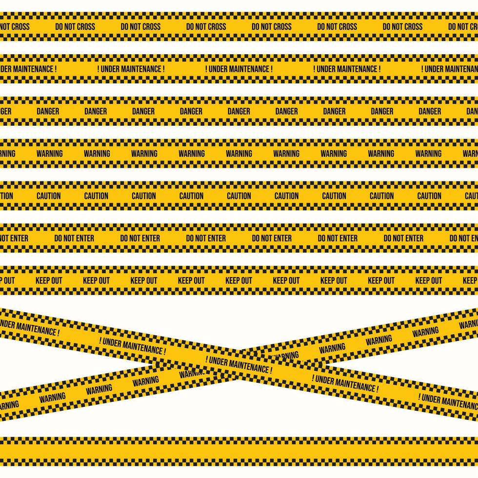Under maintenance seamless tape with police warning sign and blank space. Safety tape design with black and yellow colors for a construction site. Police or industrial safety tape collection. vector