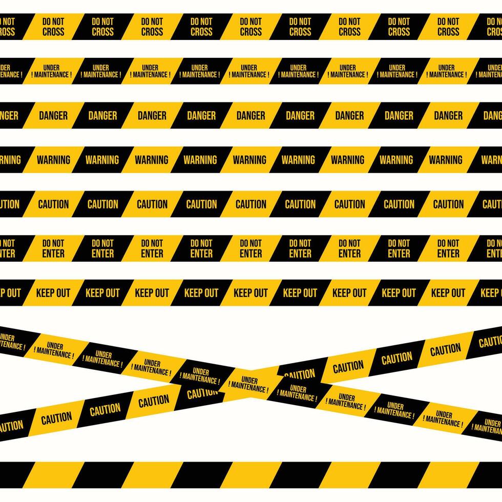 Crime scene and police warning tape on a white background. Road construction signs with different caution texts with black and yellow colors. Industrial safety and maintenance tape collection. vector