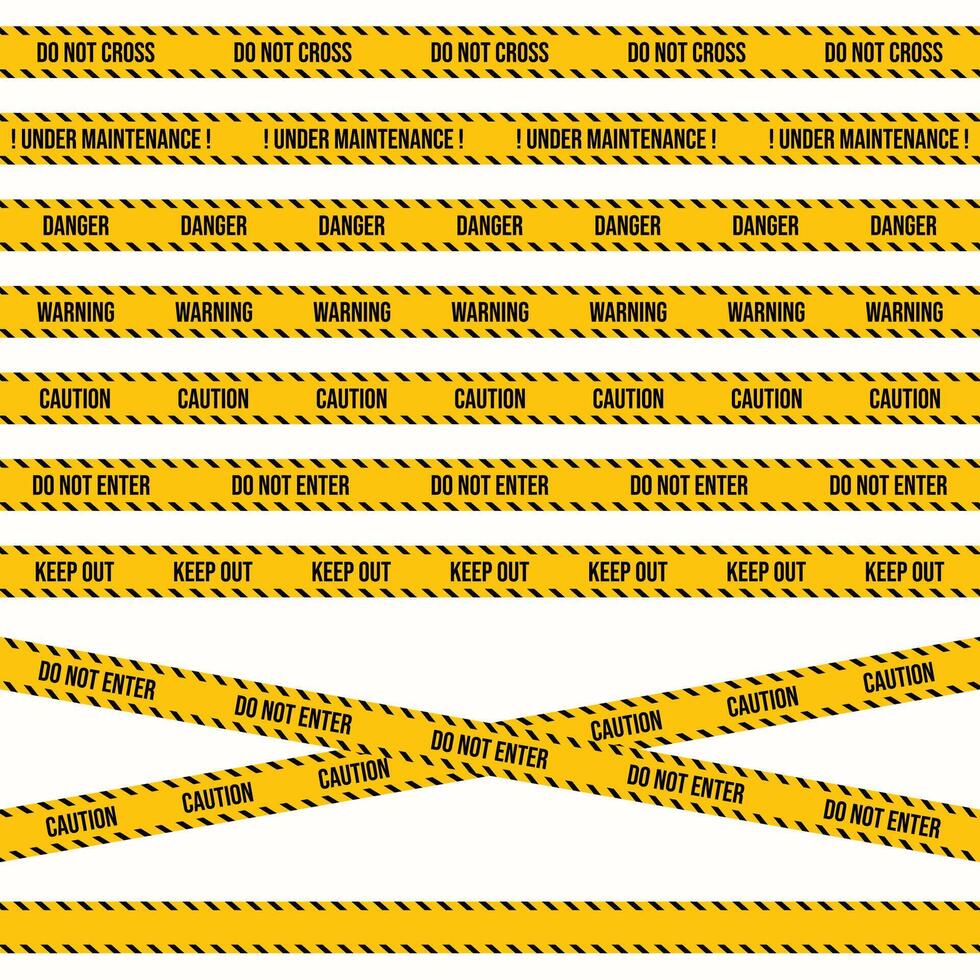 Construction or police crime scene sign with different restriction texts. Yellow and black warning tape design and restriction tape. Seamless caution, under maintenance, do not enter tape. vector