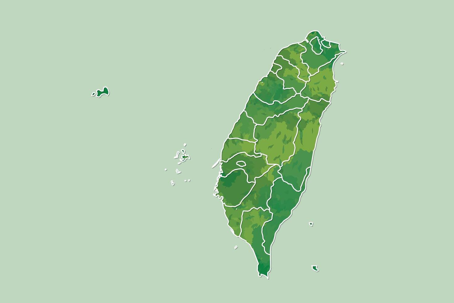 Taiwan watercolor map of green color with border lines of different counties on light background vector