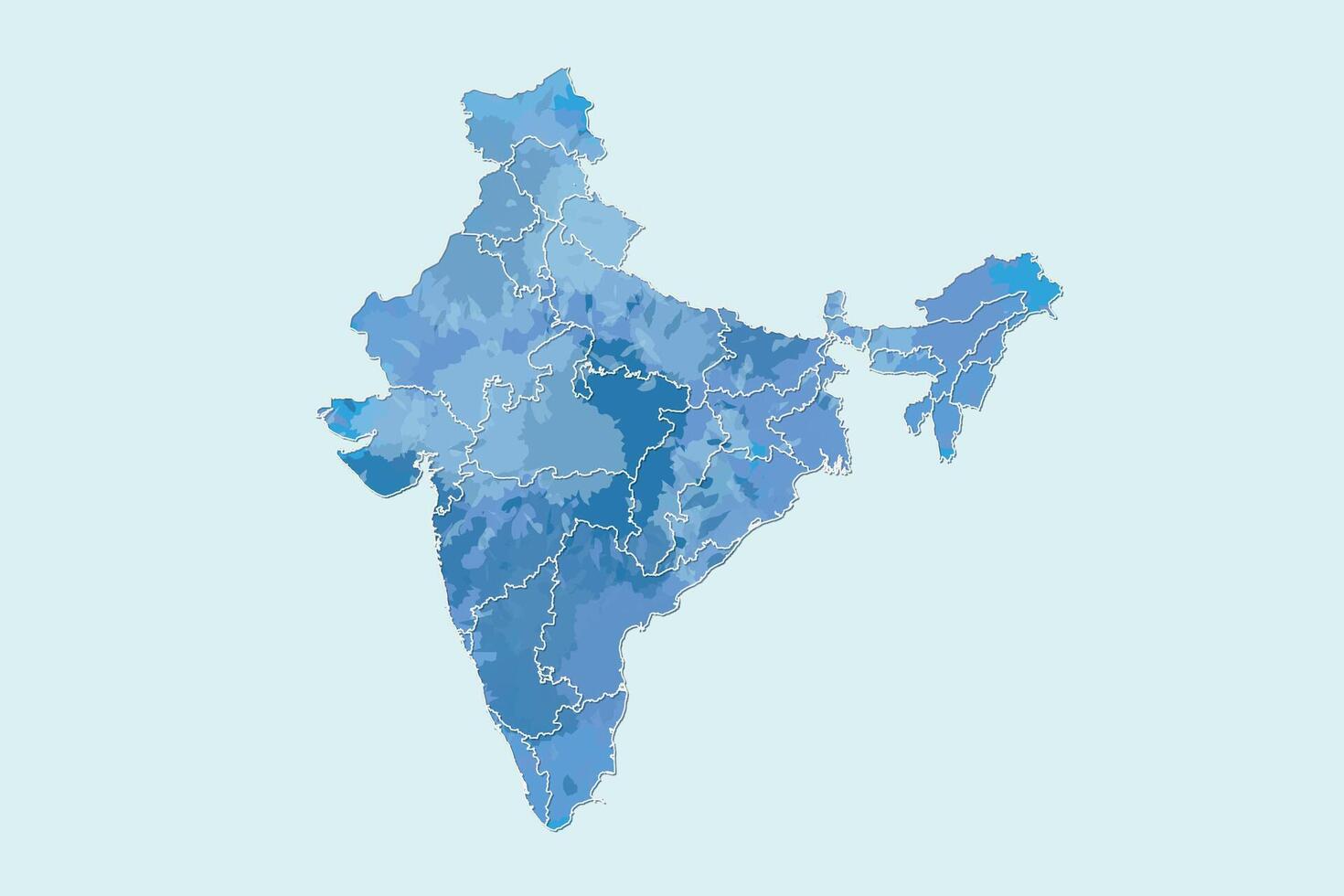 India watercolor map illustration in blue color with different regions or divisions on light background using paint brush vector