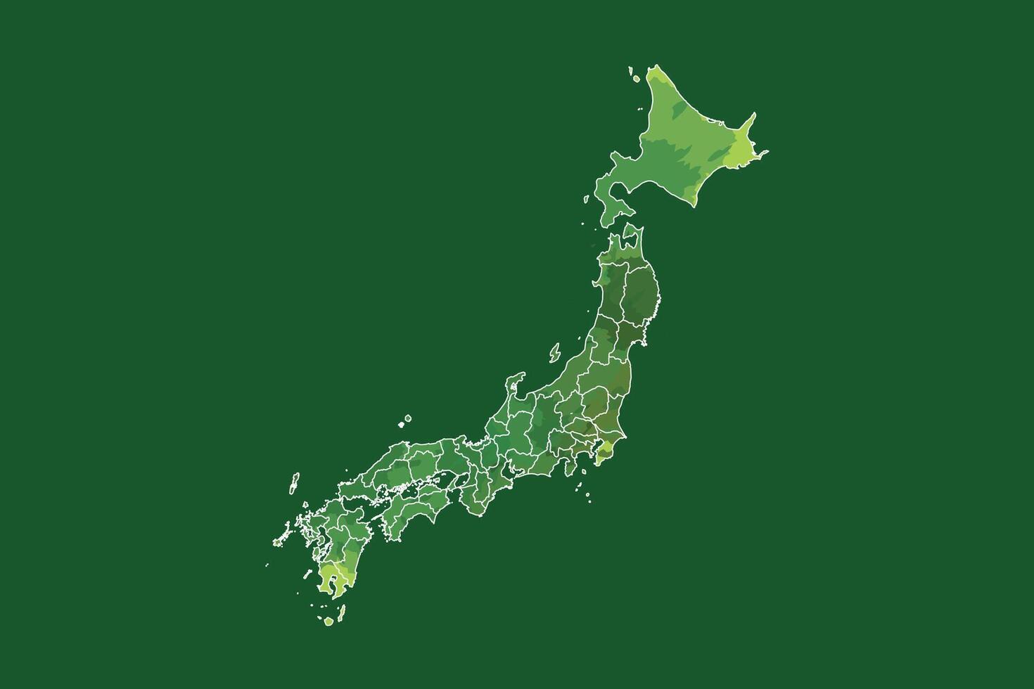 Japan watercolor map in green color with border lines of different divisions or prefectures on dark background vector
