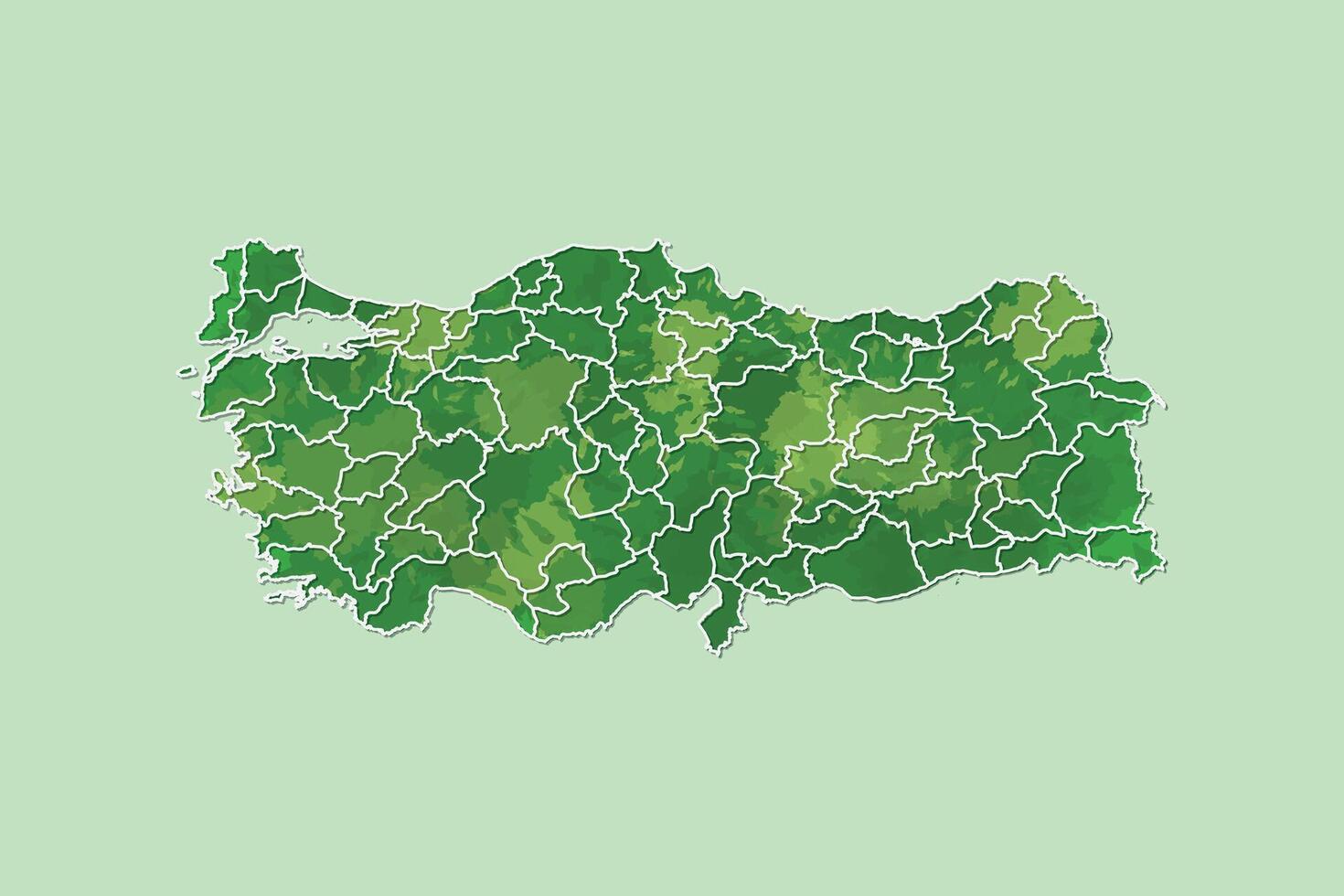 Turkey watercolor map of green color with border lines of different provinces vector