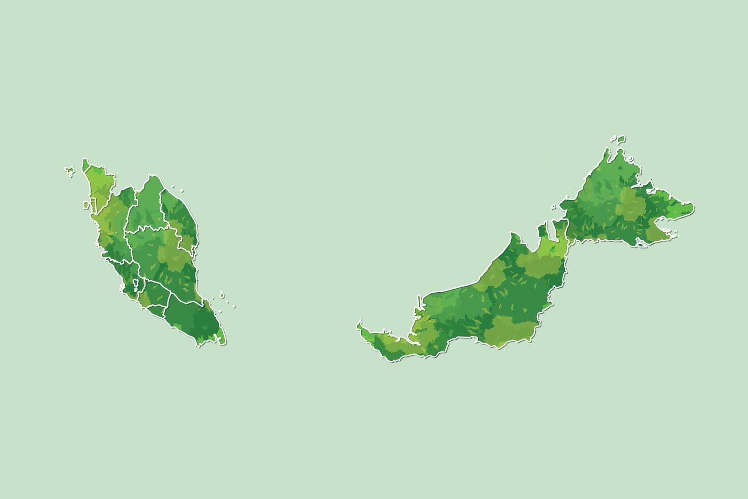 Malaysia watercolor map of green color with border lines of different states on light background vector