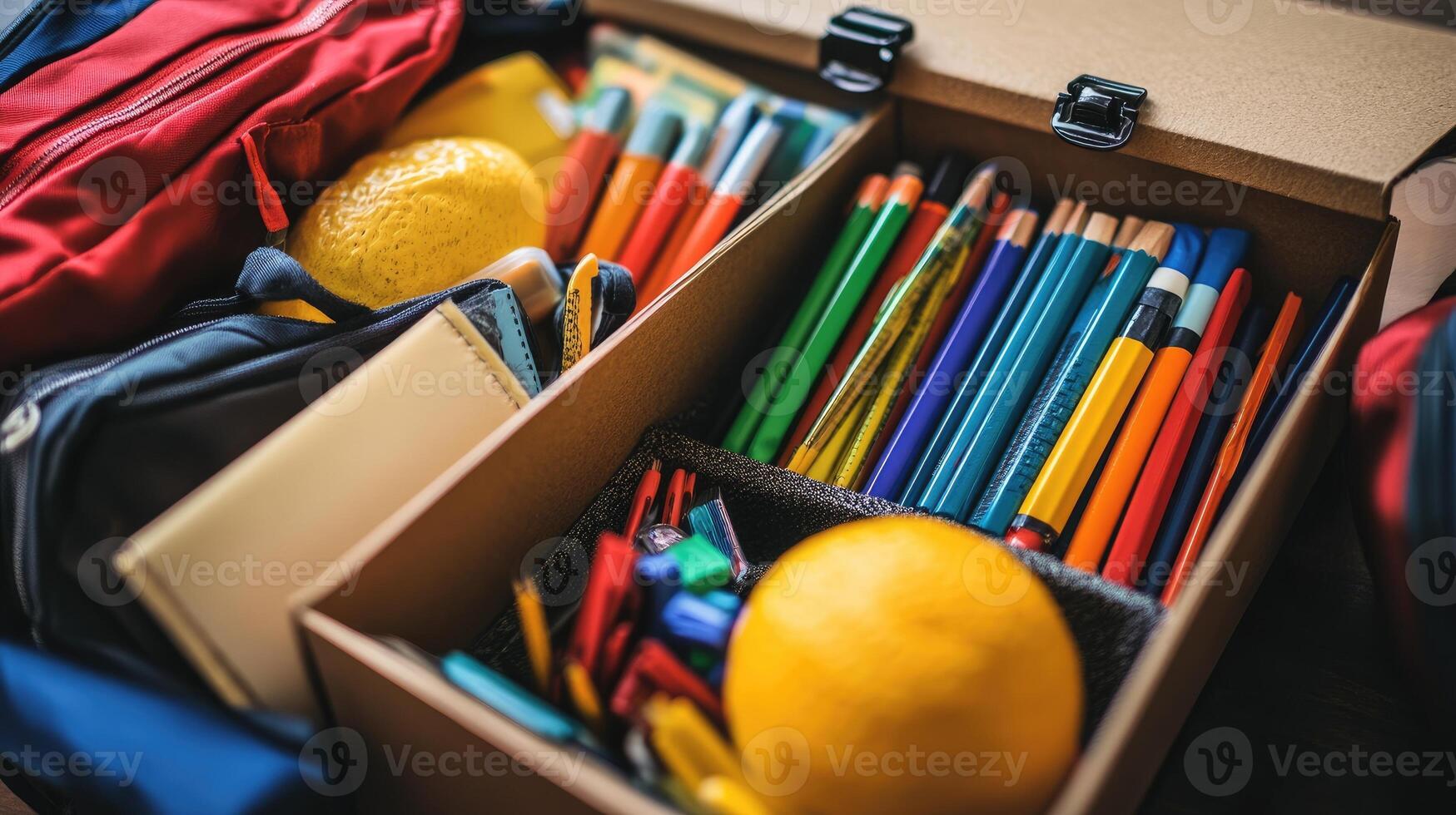 Teacher preparing colorful school supplies and stationery inside cardboard boxes photo